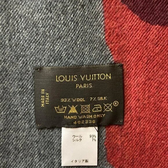 Auth LOUIS VUITTON - Dark Gray Gray Red Unconfirmed Scarf Wool Silk - Picture 6 of 11